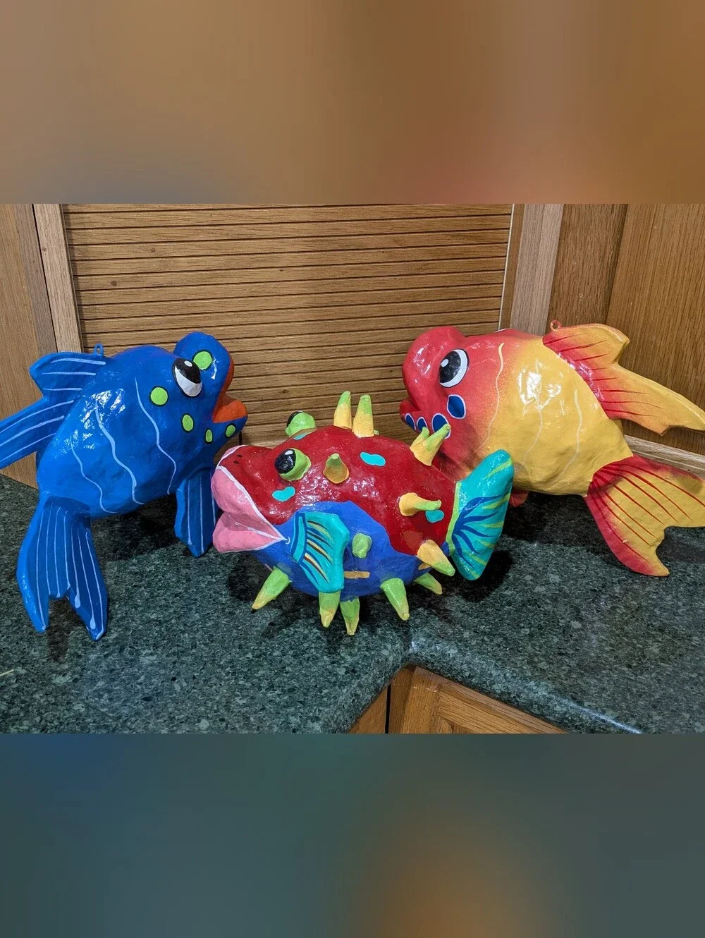 Paper Mache 3 Large Colorful Fish. Beautiful Decorative Set. EUC